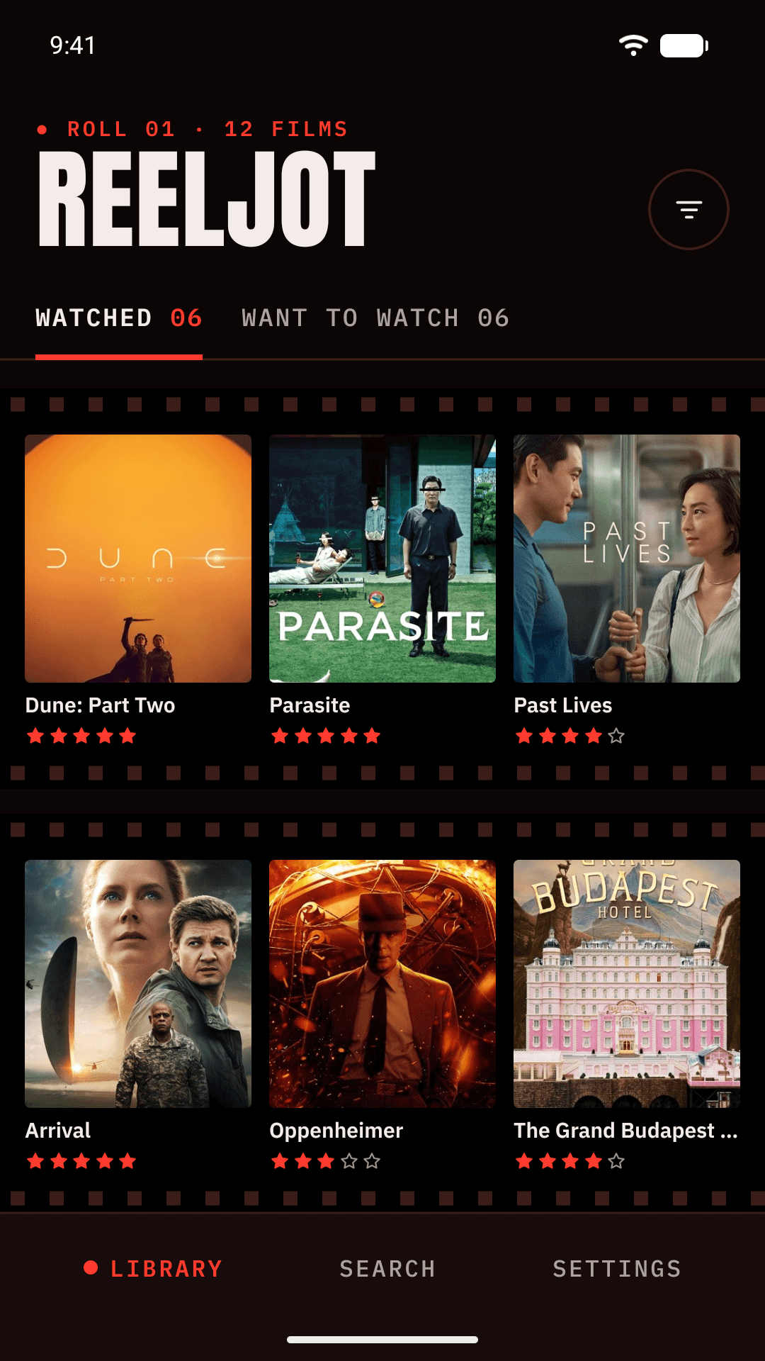 Library, Watched tab: film strips with posters and star ratings
