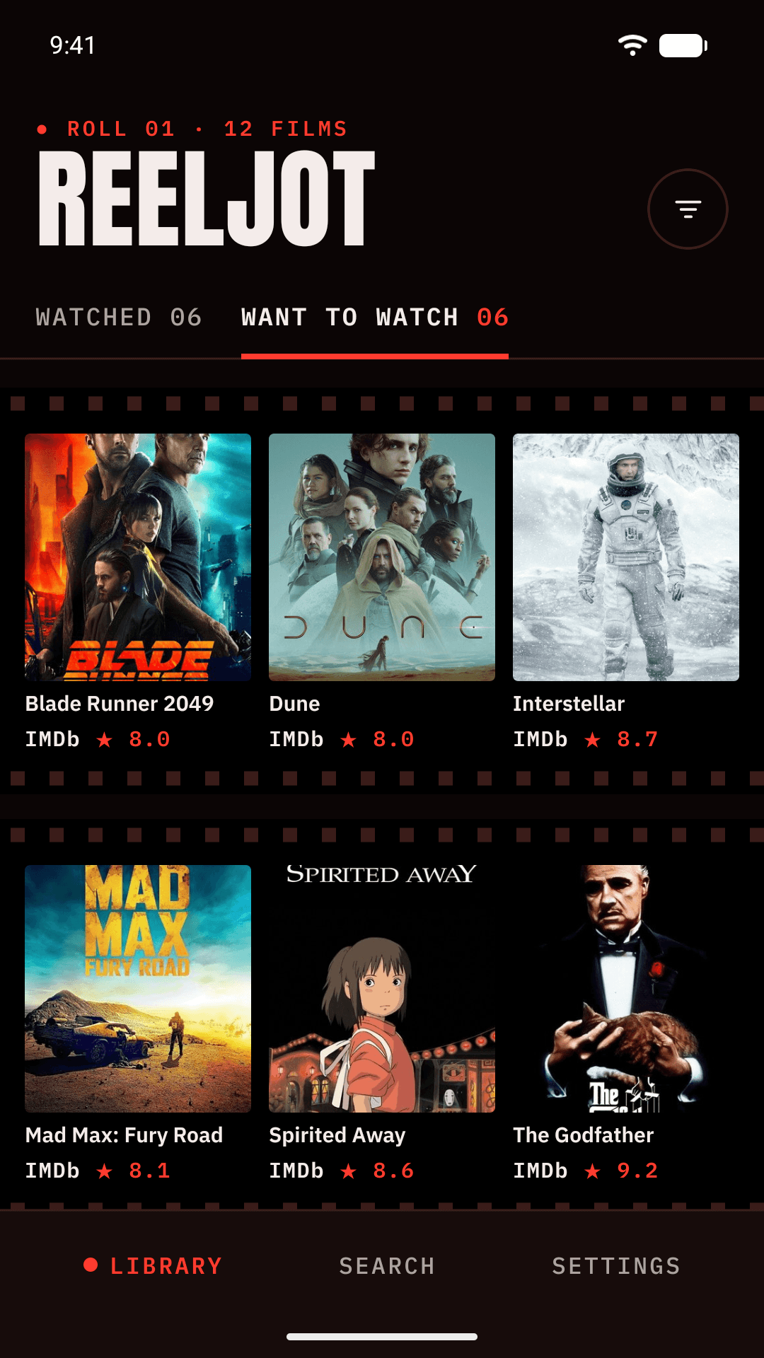 Library, Want to watch tab with IMDb scores