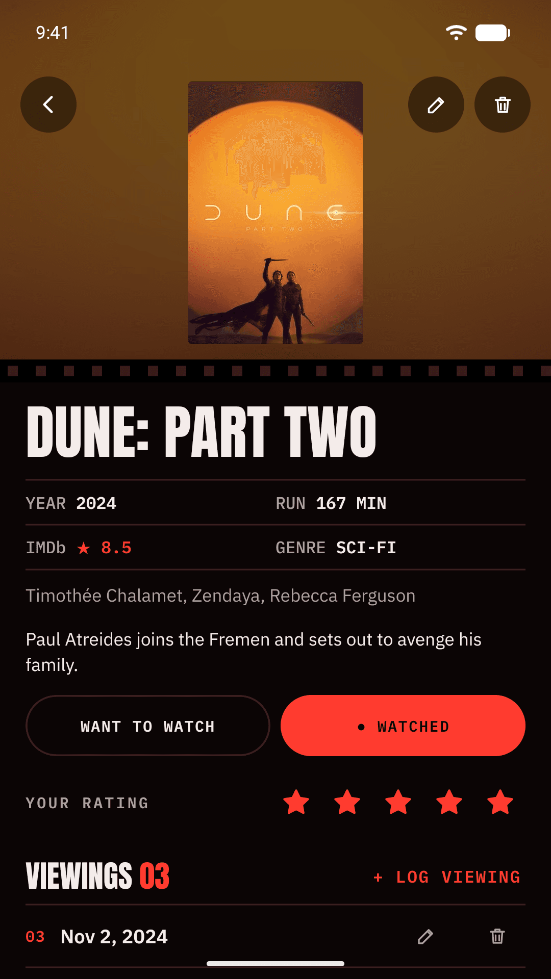 Movie page with poster, details, cast and overview